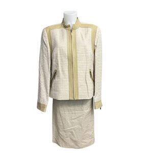 DONCASTER Jacquard 2 pc Blazer & Skirt‎ Suit Set Linen With Leather Trim sz 16